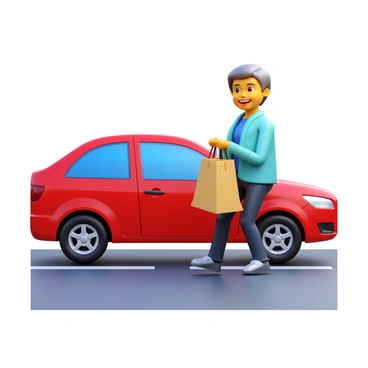 A young person with short brown hair is assisting an elderly shopper by carrying a heavy bag of groceries. The elderly shopper has gray hair and is wearing a light blue jacket. They are standing next to a parked car in a grocery store parking lot. The car is a red sedan with shiny wheels. The young person is smiling while holding the bag, and the elderly shopper looks grateful. The sunlight is shining down, illuminating the scene.