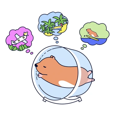 A small hamster with soft, brown fur is sleeping peacefully inside a transparent hamster wheel. The wheel is spinning gently, creating a motion blur effect around the edges. Above the hamster, there are multiple colorful thought bubbles. Each bubble contains a different scene: one shows the hamster flying a tiny airplane, another depicts it exploring a vibrant jungle filled with lush green plants, and a third illustrates it surfing on a small wave at the beach. The background is simple and clean to enhance the focus on the hamster and its imaginative dreams.