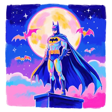 A striking silhouette of "Batman" stands prominently against a "full moon" in the background. The "moon" illuminates the scene with a soft glow. Surrounding "Batman," there are several "bats" flying gracefully through the night sky. The details of the figure emphasize "Batman’s" cape and cowl, creating a dramatic effect as he poses in the foreground. The overall composition captures the essence of a night scene filled with mystery and action.