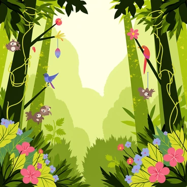 A dense rainforest with towering green trees reaching high into the sky. The foliage is rich and thick, creating a lush canopy that filters sunlight. Colorful birds, like a bright red parrot and a blue hummingbird, are perched on the branches. Various tropical flowers with vivid colors are blooming throughout the underbrush, while small animals, such as a playful monkey swinging from a vine and a curious sloth hanging on a branch, add life to the scene. Vines and ferns cover the forest floor, creating a vibrant and lively atmosphere.