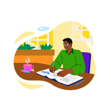 A person sitting at a wooden table, working on a spending plan. The individual has a focused expression while writing on a notepad filled with graphs and numbers. Next to the notepad, there is a steaming cup of tea with a colorful coaster underneath it. The background features a sunny window with green plants on the sill, enhancing the atmosphere of productivity. Sunlight filters through the window, casting soft shadows across the table.