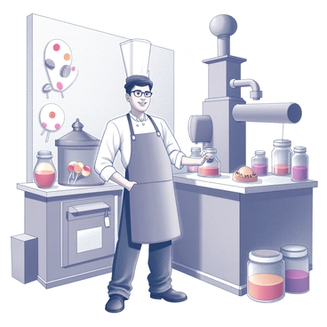 A chocolatier is standing inside a large candy factory. The chocolatier is wearing a playful apron and a tall chef's hat. They are surrounded by a variety of candies and chocolates, including lollipops, truffles, and chocolate bars displayed in vibrant jars. The factory features whimsical machinery that shapes and molds the chocolates, with swirls and twists that emphasize the playful nature of the environment. Brightly patterned wall decorations resemble candy and sweets, enhancing the fantastical atmosphere of the scene.