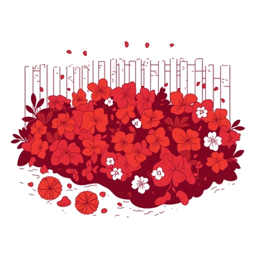 A red garden filled with flowers blooming abundantly, covering the ground in a sea of blossoms. The flowers come in various shapes and sizes, each displaying intricate petals. Amidst the flowers, there are green leaves providing contrast. A gentle breeze causes some petals to scatter lightly through the air, while the sun is shining brightly, illuminating the vibrant scene. In the background, there is a white picket fence partially visible, adding to the charm of the garden space.
