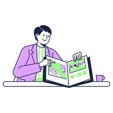 A satisfied client is seated at a table, examining an artist's portfolio filled with illustrations. The client has short hair and is wearing a neat blazer. They are pointing at a particular illustration on a page, clearly expressing interest. The portfolio is open, revealing colorful artwork, including a detailed landscape and a whimsical character design. To the side, there is a small coffee cup resting on the table. The room is softly lit, highlighting the client's engaged expression as they interact with the portfolio.