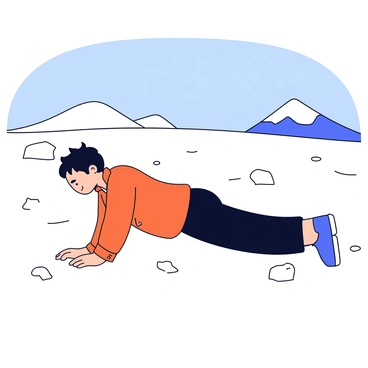 A person is performing a side plank on a snow-covered field. The individual is wearing a bright orange jacket and black pants, demonstrating good form with one arm supporting their weight and legs stacked. In the background, there are distant snowy mountains with a clear blue sky above. The field is blanketed in fresh white snow, creating a serene winter landscape.