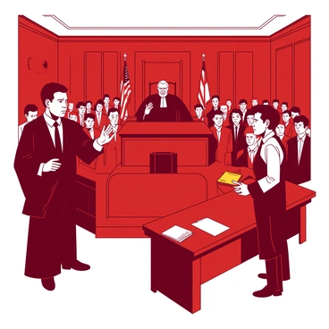 A red courtroom filled with people stands in the midst of a historic trial. In the foreground, a stern-looking judge wearing a black robe presides over the proceedings from an elevated bench. To the left, a serious lawyer stands confidently, gesturing while presenting evidence. On the right, another lawyer listens intently, taking notes on a yellow legal pad. In the background, rows of spectators observe the trial, reflecting a mix of emotions. The walls are adorned with wooden paneling, and there are flags displayed prominently behind the judge. The atmosphere is tense yet vibrant, capturing the urgency of the landmark case.