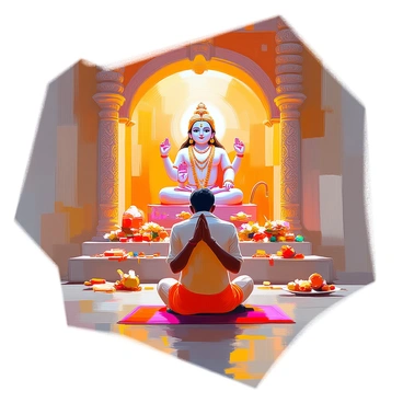 A devotee with dark skin and traditional attire is bowing in prayer in front of the Jagannath deity inside a temple. The devotee's hands are clasped together in front of their chest, and their head is bowed respectfully. The Jagannath deity, characterized by its large, expressive eyes and vibrant decorations, is positioned on an ornate altar adorned with colorful flowers and offerings. The temple's interior features intricate carvings and warm, ambient light filtering through decorative windows. Rich fabrics and ceremonial items enhance the sacred atmosphere.