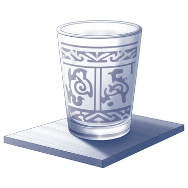 A shot glass with intricate patterns carved into its surface. The designs reflect elements inspired by traditional cultural dance, featuring rhythmic shapes and motifs that suggest movement and grace. The glass is positioned upright on a textured wooden table, highlighting its craftsmanship. The surrounding area is softly illuminated, casting gentle shadows that accentuate the details of the designs on the glass.