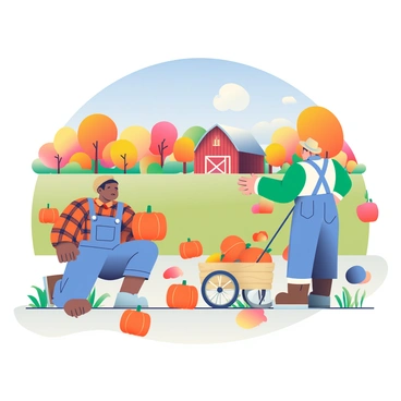 A picturesque farm scene is set against a backdrop of vibrant autumn leaves in shades of orange, yellow, and red. In the foreground, two farmers are actively harvesting pumpkins from a field. One farmer, wearing a flannel shirt and denim overalls, is kneeling to pick a large orange pumpkin, while the other farmer, dressed in a straw hat and a green jacket, is placing pumpkins into a wooden cart nearby. Several pumpkins of various sizes are scattered across the ground, and a rustic wooden barn can be seen in the distance, surrounded by trees adorned with colorful foliage. The sky above is a clear blue, contrasting with the warm tones of the autumn landscape.