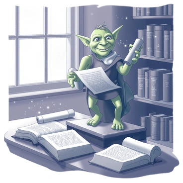 A goblin with pointed ears and a scruffy green complexion stands proudly atop a wooden podium. He holds a scroll in one hand, while the other gestures animatedly as he recites verses. Around him, a clutter of ancient books and rolled-up scrolls sprawls across a dark wooden table. Dust motes dance in the light streaming through a nearby window, illuminating the spines of the books, each intricately detailed with fading titles. In the background, shelves lined with more tomes stretch up to a high ceiling, creating a sense of depth in the cozy, scholarly environment.