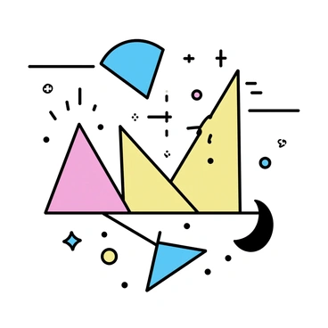 A collection of abstract geometric shapes in various sizes and colors. The shapes include triangles, circles, and squares, arranged in a dynamic layout. Patterns of lines and dots intersect throughout the composition, creating visual interest. The color palette features bright hues such as red, blue, yellow, and green, contrasting against each other. The shapes appear to overlap and interact, adding depth to the design.