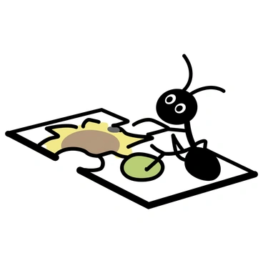 An ant, with a shiny black body and antennae, is standing on a surface. In front of the ant is a jigsaw puzzle made from various seeds, including sunflower seeds, pumpkin seeds, and small green peas. The seeds are intricately arranged to form an incomplete puzzle. The ant appears to be examining a piece, positioned slightly above the puzzle, with its legs delicately touching the surface. The background is simple and unobtrusive, allowing the focus to remain on the ant and the seed puzzle.