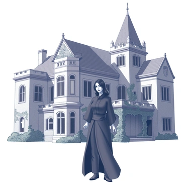 A woman with long, dark hair and a fierce expression stands confidently in front of a large, ancient mansion. The mansion features crumbling stone walls, intricate gothic architecture, and numerous tall windows, some of which are broken. Ivy and other plants grow wild around the base, adding to the neglected appearance. The sky overhead is overcast, enhancing the foreboding atmosphere. The woman wears dark, flowing robes that billow slightly in the breeze, and she has an intense gaze directed toward the viewer. The scene captures a sense of mystery and intrigue.