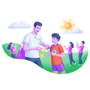 A sunny field with bright green grass serves as the backdrop. In the foreground, a coach is handing a gold medal to a young athlete who is beaming with pride. The athlete is wearing a vibrant red sports uniform, with a number prominently displayed on the front. Surrounding them, a small group of cheering teammates and spectators are visible, clapping and celebrating the achievement. The sun casts a warm glow over the scene, highlighting the joy and excitement in the air. Soft clouds drift lazily in the sky above.