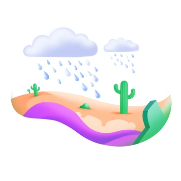 A modern pastel illustration showcasing "raindrops" falling from a cloudy sky, landing on "dry ground" in a "barren desert." The scene includes small splashes where the raindrops hit the ground, momentarily creating tiny puddles. In the background, cacti and sparse shrubs can be seen, emphasizing the arid landscape. The colors are soft and muted, highlighting the contrast between the moisture of the raindrops and the dryness of the desert environment.
