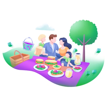 A modern pastel illustration depicting a family enjoying a picnic in the park. The family consists of four members: a father with short brown hair, a mother with long black hair, a young boy with curly blonde hair, and a girl with straight dark hair. They are seated on a large, colorful picnic blanket. 

The picnic spread includes a variety of gluten-free foods, such as sandwiches with lettuce and tomatoes, a salad in a bowl, a platter of fresh fruits like strawberries and grapes, and a pitcher of lemonade. Surrounding them are green trees and patches of grass, with a few colorful picnic baskets nearby. The scene conveys a cheerful and lively atmosphere.