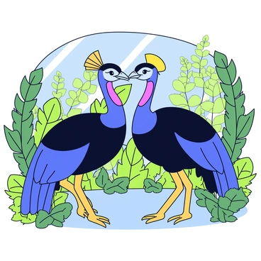 A pair of cassowaries standing close together in a dense forest undergrowth. The first cassowary has a vibrant blue and black plumage with a prominent casque on its head. The second cassowary has similar colors but features subtle differences in its markings. They are surrounded by lush green ferns and small bushes, with sunlight filtering through the canopy overhead, creating dappled light on the ground. Both birds appear alert, with their long necks slightly extended as they engage with each other.