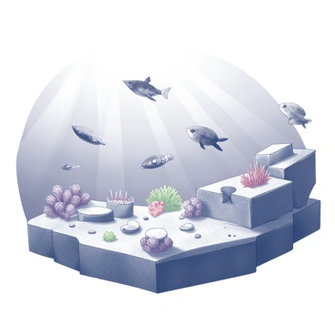 An underwater scene showing the oceanic crust with its rocky formations and textures. The crust exhibits various geological features, such as small ridges and crevices. Above the crust, a variety of marine life is swimming, including fish of differing shapes and sizes, a graceful sea turtle gliding through the water, and clusters of colorful coral formations. Sunlight filters down through the water, creating dappled light effects on the ocean floor.