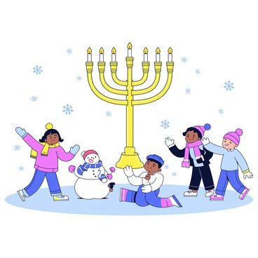 A large menorah displayed in a snowy park with children playing nearby