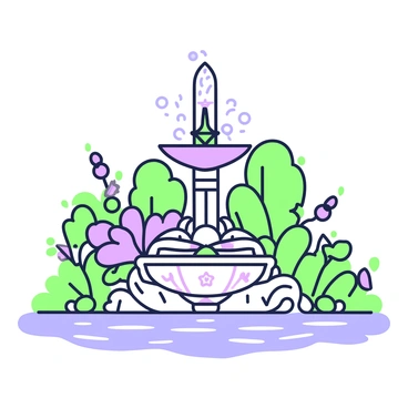 A decorative fountain is situated in a serene garden setting. The fountain features intricate designs and elegant curves typical of an Art Nouveau style. Water flows gracefully from the top of the fountain, creating smooth, swirling patterns as it descends into the basin below. The basin itself is adorned with floral motifs and organic shapes. Around the fountain, lush greenery and flowering plants enhance the natural ambiance, while gentle ripples form on the water's surface, reflecting the surrounding beauty.