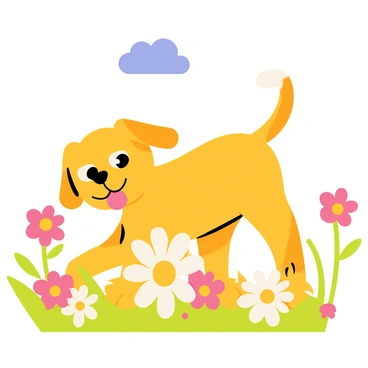 A playful puppy with exaggerated floppy ears and a big, wagging tail is frolicking in a vibrant field of colorful daisies. The puppy has a shiny, golden coat and bright, expressive eyes. Surrounding the puppy are an array of daisies in various shades of pink, yellow, and white, with green stems and leaves. The sky above is a clear blue, adding to the cheerful atmosphere of the scene.