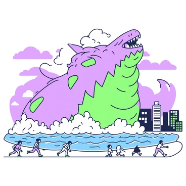 A giant monster is emerging from the ocean, towering over the waves. Its massive body is partially submerged, with water cascading off its scales. The creature has sharp, menacing features and glowing eyes that pierce through the mist. In the foreground, a coastal city can be seen with tall buildings, some of which are swaying from the force of the monster's movement. The sky is filled with dark clouds, hinting at an impending storm, while people on the beach are running in panic, looking up in fear at the looming threat. The ocean is churning wildly around the monster, with foamy white waves crashing against the shore.