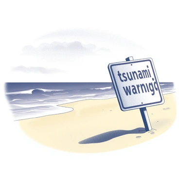 A beach scene featuring golden sand stretching along the shoreline. In the foreground, a "tsunami warning" sign stands prominently, its bold text readable and clear. The sign is anchored into the sand, slightly angled as if swayed by the ocean breeze. In the background, gentle waves lap at the shore, creating a rhythmic motion. The sky above is clear, with a few wispy clouds scattered, allowing sunlight to illuminate the entire scene. The horizon meets the ocean, creating a seamless transition between the sky and water.