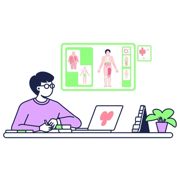 A student is sitting at a desk, intently taking notes while watching a medical video on anatomy. The student has short hair and is wearing glasses. They are using a notebook, with a pen in their right hand, scribbling down important information. In front of the student, a laptop displays a detailed anatomical diagram of the human body. The desk is organized with additional medical textbooks and a green plant in a pot. A wall in the background features a bulletin board with various anatomical charts pinned to it.