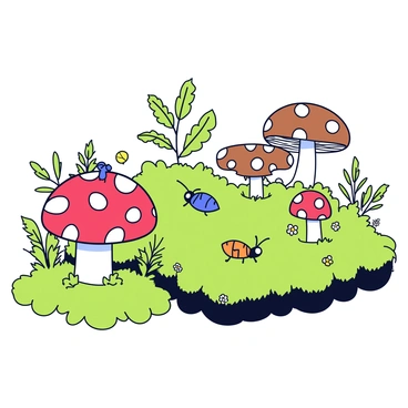 A miniature ecosystem featuring various types of mushrooms, including red and white spotted ones, along with tiny brown and white varieties. Small insects such as ants and ladybugs are scuttling around among lush green moss and delicate ferns. Tiny plants with bright green leaves are scattered throughout the scene, some with small flowers. The mushrooms are positioned near the base of the plants, creating a thriving habitat. The overall composition is rich in details, showcasing the interconnectedness of these small organisms.