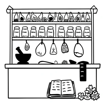 A small apothecary shop with shelves of dried herbs and glass jars