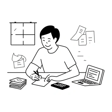 A person sitting at a wooden table, surrounded by various papers and documents. They are wearing a casual shirt and looking relieved, with a slight smile on their face. Their hands are holding a pen as they write on a notepad. A calculator is placed next to a stack of bills and a laptop, which displays a loan payment plan. Sunlight is filtering through a nearby window, casting shadows on the table.