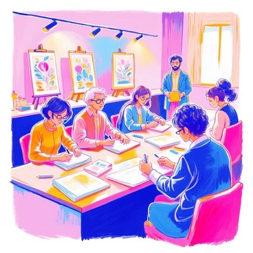 A panel of judges is seated at a long table, each focused on the illustrations spread out in front of them. The judges are diverse in appearance, including a middle-aged woman with short black hair and glasses, a tall man with a beard and a notepad, and a young woman with curly hair holding a pencil. In the background, several large illustrations are displayed on easels, showcasing various artistic styles. The room is filled with the soft light from overhead lamps, creating a warm atmosphere. Each judge displays varying expressions of concentration, while a few hold pens, ready to take notes on the submissions.