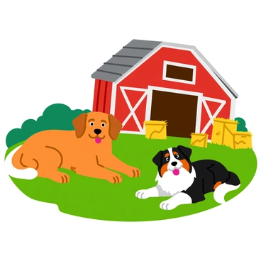 A couple of farm dogs, one golden retriever and one border collie, are lying on the ground near a rustic wooden barn. The barn is painted red with white trim and has a weathered appearance. Straw bales are scattered around the area, creating a cozy setting. Sunlight casts soft shadows on the ground, highlighting the dogs' relaxed expressions as they enjoy the warm day. The surrounding grass is lush and green, adding to the rural charm of the scene.