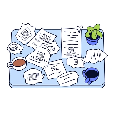 A cluttered desk with a variety of objects scattered across its surface. There are several sheets of white paper filled with detailed sketches of different characters and scenes. A few crumpled notes are present, some of which have ideas and reminders written in black ink. Two cups of coffee, one with a slight steam rising, are placed on the desk, one cup is white and the other is blue. A small potted plant sits in one corner of the desk, adding a touch of greenery to the scene.