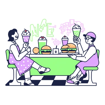 A group of cartoon characters is seated at a classic diner counter, engaging in lively conversation. Two characters, one with a blue cap and the other with large glasses, are animatedly sharing a large plate of burgers topped with lettuce and tomatoes. In front of them, colorful milkshakes with whipped cream and cherries are placed on the counter. Another character, wearing a polka dot dress, is smiling while holding her milkshake high. The diner features a checkerboard floor and retro stools, adding to the nostalgic atmosphere. Neon signs are visible in the background, enhancing the 1950s theme.