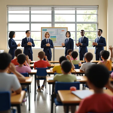 A group of four FBI agents, two men and two women, are standing in front of a classroom filled with children. The agents are dressed in dark blue suits, with their badges clearly visible. They are using visual aids, such as charts and posters, that display tips on safety and crime prevention. The children, who vary in age and ethnicity, are sitting at their desks, attentively listening and taking notes. Some kids are raising their hands to ask questions, while others are engaged in a discussion. Bright sunlight streams through the classroom windows, illuminating the scene and creating an inviting atmosphere.