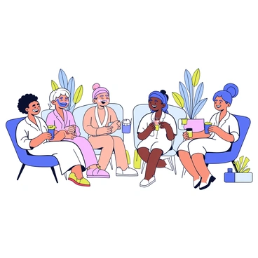 A bridal party relaxing in a spa setting, each member wearing a soft white robe. They are seated in comfortable chairs and have face masks in various colors applied to their faces. Some members are laughing and chatting, while others are sipping on refreshing drinks. The room is softly lit, creating a warm and inviting atmosphere. Decorative plants are placed around, adding a touch of greenery to the scene. Each member has a unique hairstyle, showcasing their individual personalities.