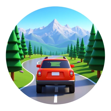 A crossover SUV in a vibrant color, parked on a winding mountain road. The vehicle is facing towards a distant mountain range, showcasing rugged peaks under a clear blue sky. Lush green trees line the sides of the road, creating a natural frame for the scene. In the background, a panoramic view reveals expansive valleys, with patches of wildflowers adding splashes of color to the landscape. Sunlight casts soft shadows, enhancing the contours of the SUV and the surrounding scenery.
