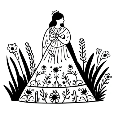 A bride wearing an ornate lehenga with intricate nature motifs, standing gracefully in the center of a lush meadow. The lehenga features detailed floral patterns and leaves woven into the fabric. Surrounding the bride are tall grasses and wildflowers, creating a vibrant natural environment. The meadow is filled with various plant shapes and textures, adding depth to the scene. The bride's hands are elegantly posed, perhaps holding her dupatta, which drapes softly around her.