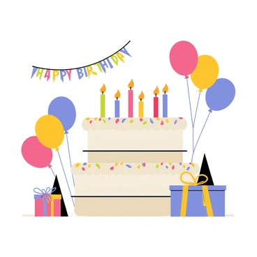 A round birthday cake with three layers covered in white frosting and adorned with colorful sprinkles. The top of the cake features six lit candles in various colors, each with a small flame flickering. The background includes balloons in vibrant colors, including red, blue, and yellow, as well as a "Happy Birthday" banner strung across the scene. A few party hats and a wrapped gift box with a shiny ribbon are placed nearby, adding to the festive ambiance.