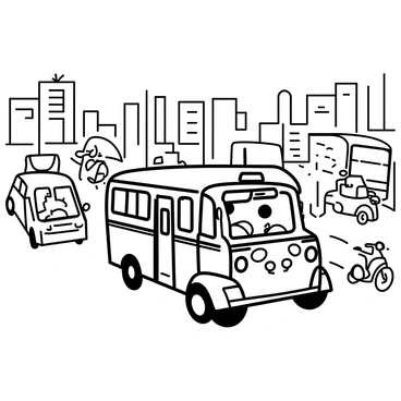 A jeepney is positioned prominently in the center of a bustling city street, surrounded by various other vehicles including cars, trucks, and motorcycles. The jeepney has distinctive decorative patterns on its sides and its doors are open, revealing passengers inside. The background displays tall buildings lining the street, with pedestrians visible on the sidewalks. The scene captures the sense of congestion, with horns and exhaust filling the air, as vehicles are closely packed in all directions.