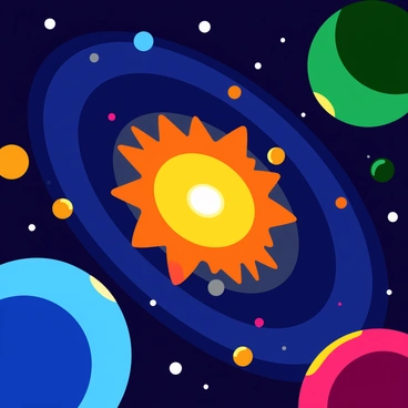 A bright pulsar emitting rhythmic beams of light is positioned at the center of the image. Surrounding the pulsar is a swirling field of colorful planets in various sizes and shades, including blue, green, and red hues. Several asteroids of different shapes and sizes float through the scene, some illuminated by the pulsar's light. The deep space background is filled with scattered stars, creating a sense of vastness and depth.