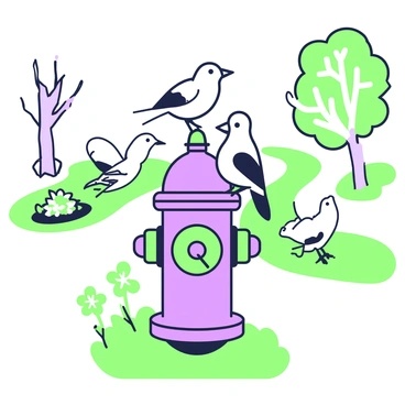 A group of birds is gathered on top of a fire hydrant in a park setting. The fire hydrant is painted with bold outlines and stands firmly on a patch of grass. There are five birds of varying sizes and shapes, some with short tails and others with round bodies. One bird is facing left, while another is looking to the right, creating a sense of activity. In the background, there are trees with visible trunks and branches, and a winding path leading through the park. A small flower bed with several flowers is located to the side of the hydrant.