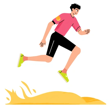 A long jumper in mid-air is captured just before landing in a sandy pit. The athlete has a focused expression, showcasing determination and concentration. The jumper is wearing a vibrant red sports jersey and black shorts. Their arms are extended for balance, and the legs are positioned as they prepare to touch the sand. The surrounding area features a blurred crowd in the background, indicating a competitive atmosphere, while the golden sand is kicked up around the jumper's feet as they descend.