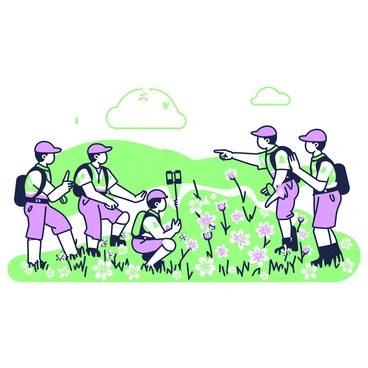 A scout regiment is traversing a vibrant field filled with various types of blooming flowers. In the foreground, several members of the regiment are visible, wearing uniforms consisting of green and purple accents. They are carrying equipment such as backpacks and binoculars. The flowers surrounding them display a mix of shapes and sizes, with petals open wide, attracting bees and butterflies. In the background, rolling hills are faintly visible under a bright sky, and a few clouds drift lazily. One scout is kneeling to examine a flower closely while another points toward a distant hill.