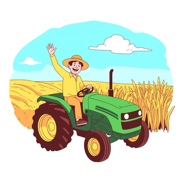 A yellow farmer wearing a straw hat is waving with a smile from the seat of a green tractor. The tractor is positioned in the middle of a vast golden wheat field, with tall stalks swaying gently in the breeze. The sky above is clear with a few fluffy white clouds scattered across, providing a bright backdrop to the scene. The sunlight casts a warm glow over the landscape, highlighting the farmer's cheerful demeanor and the lush grains surrounding him.