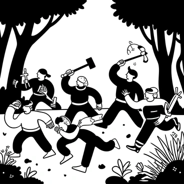 A group of orcs charging through a dark forest, with large, muscular frames and rough armor. Each orc is wielding a variety of weapons, including axes, swords, and crude clubs raised high. The trees in the forest are tall and dense, with twisted branches casting shadows on the ground. Leaves and debris scatter underfoot as the orcs move rapidly through the underbrush. The atmosphere is filled with the tension of battle, as the orcs seem to be shouting battle cries, their postures fierce and aggressive. Wild plants and rocks are partially obscured by the thick foliage of the forest floor.