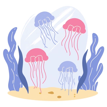 A group of "graceful jellyfish" with translucent bodies and long, flowing tentacles is "drifting elegantly" through the water. Surrounding them are "lush, flowing kelp leaves" that sway gently with the movement of the ocean currents. The jellyfish display a variety of colors, including shades of "blue," "pink," and "purple." Sunlight filters through the water, creating "dappled light" patterns on the sandy ocean floor beneath the jellyfish and kelp.