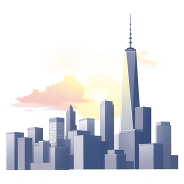 A city skyline featuring a series of tall buildings with various architectural designs. The silhouettes of skyscrapers rise dramatically against the sky, showcasing a mix of rectangular and curved forms. The horizon is dominated by the outline of the tallest structure, which has a pointed top. The scene includes glimpses of smaller buildings in the foreground, with details like windows and balconies visible. "Sunset" is indicated by the warm light illuminating the buildings from the west, casting long shadows. The sky is filled with abstract shapes representing clouds, merging into the silhouettes of the cityscape.