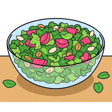 A large, round bowl made of clear glass filled with a vibrant salad. The salad contains chopped green leafy vegetables, including spinach and arugula, mixed with bright pink and red chopped rhubarb pieces. There are also various nuts scattered throughout the salad, including whole walnuts and sliced almonds, adding texture. The bowl is placed on a wooden table, with a few individual salad leaves arranged around it. A light vinaigrette dressing is drizzled over the top, glistening in the light.